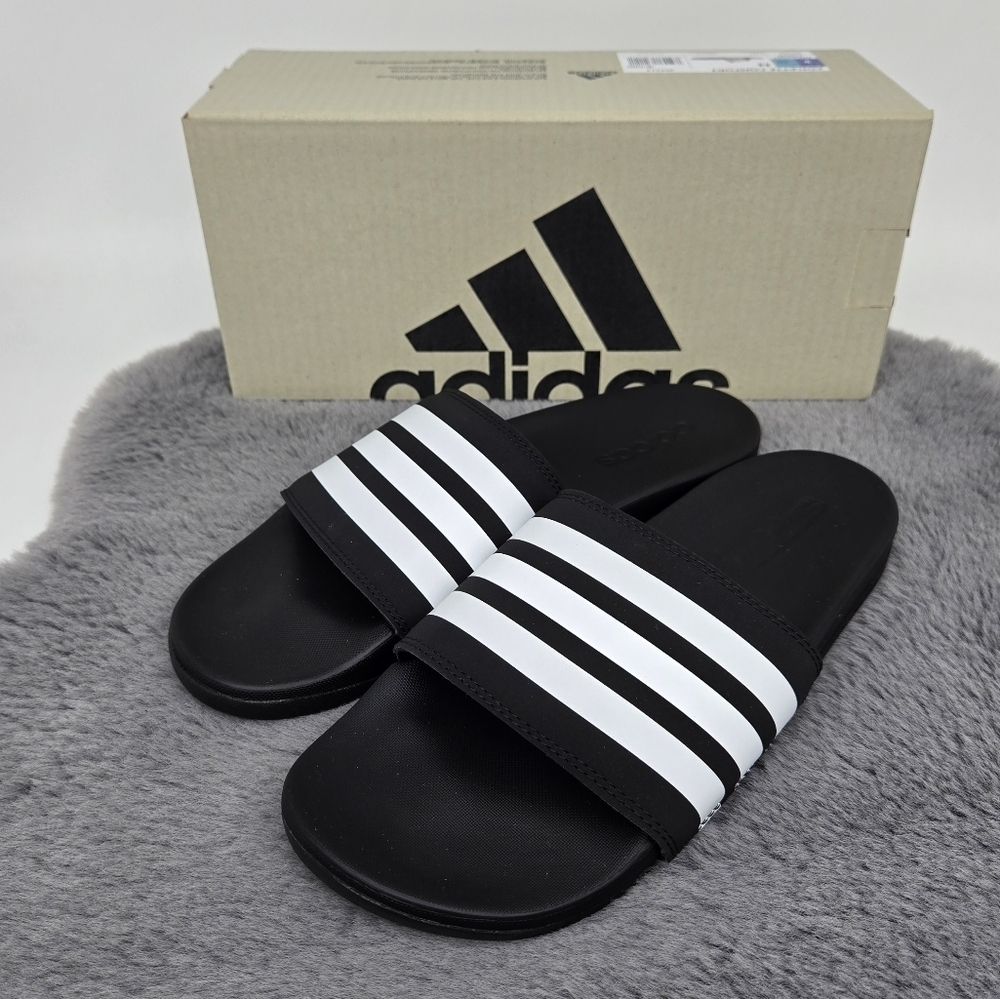 New adidas Adilette Comfort Slides Black White Women's Shoes Size 10